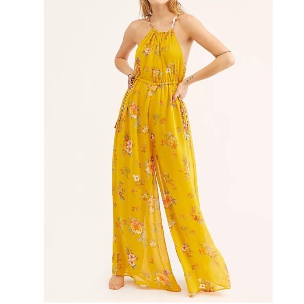 Free People Georgia Wide Leg Jumpsuit Gold Combo